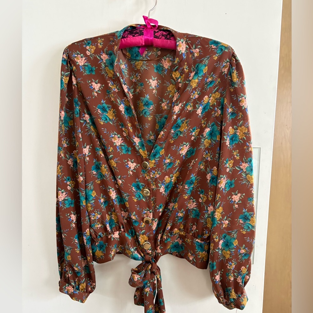Silky colourful waist length blouse, front tie, button front closure to v neck